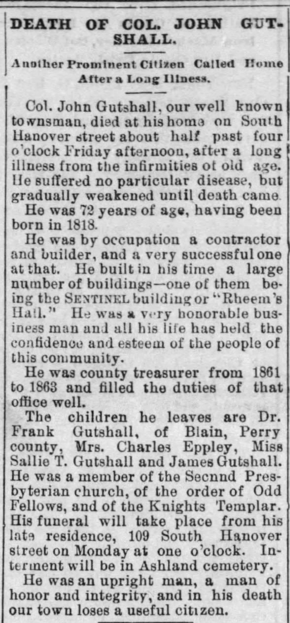 John Gutshall 13 Sep 1890 obit